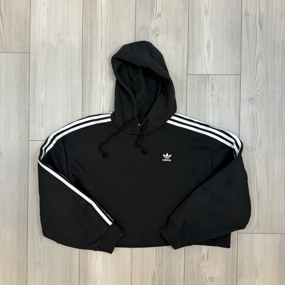 Adidas Originals Adicolor‎ Cropped Hoodie Black Trefoil Stripes Women's Medium